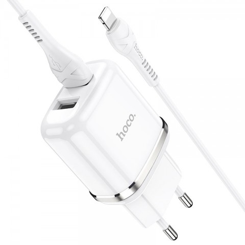 Tinklo įkroviklis 220V 2xUSB - iPhone (Lightning) 2.4A su laidu 1m baltas (white) Hoco N4 